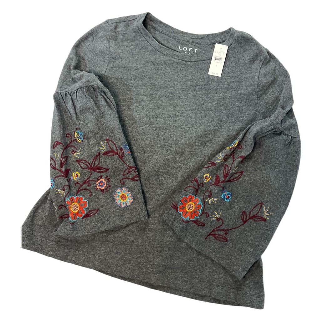 LOFT Embroidered Floral Bell Sleeve Top Gray Blouse‎ Size L